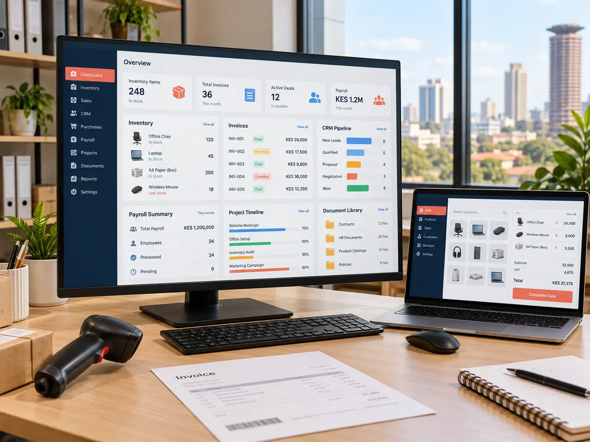 Cloud business suite on office screens showing inventory, invoices, CRM, payroll and point of sale