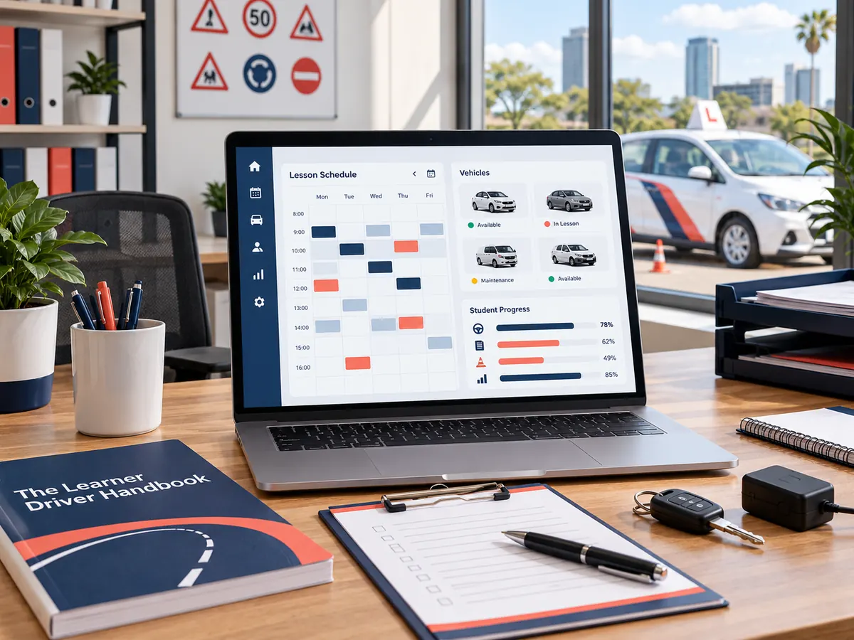 Driving school office with lesson scheduling, fleet status and student progress software