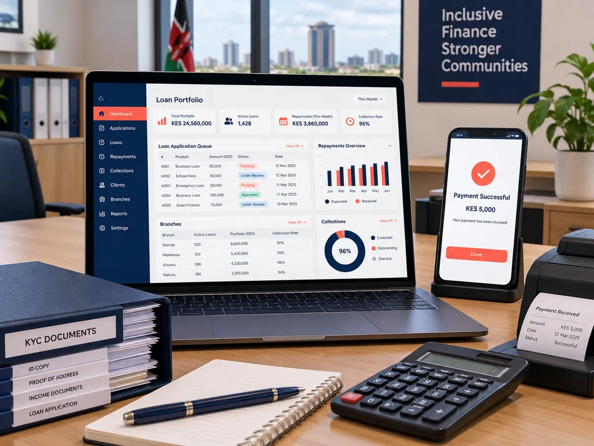 Digital lending dashboard, mobile payment confirmation and organized KYC documents